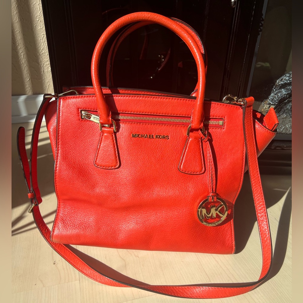 Michael Kors Coral Orange/Red Leather Satchel